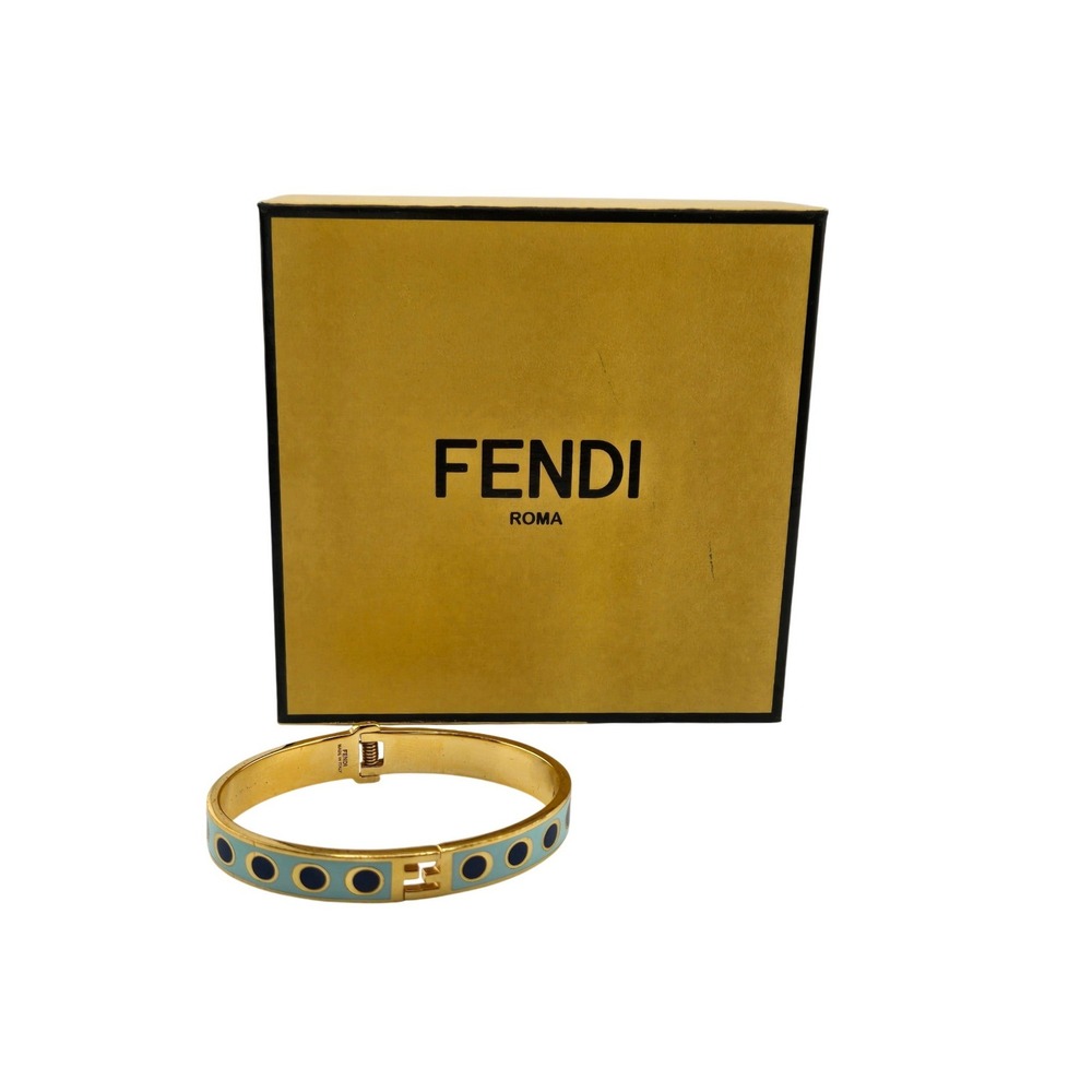 Fendi Roma Gold Tone Enamel Polka Dot FF Logo Hinge Bangle Bracelet Size M Box